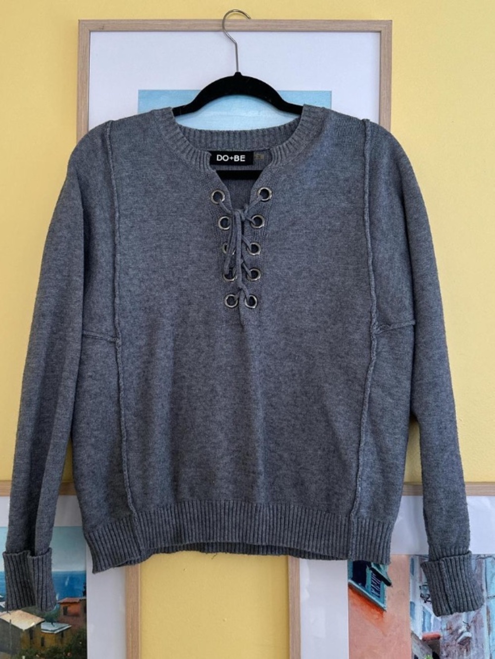DO+BE Gray Lace-Up Knit Pullover
